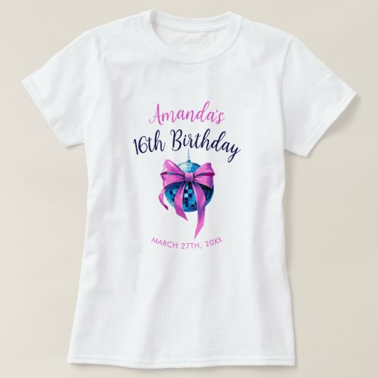 Waterverf Roze Bow Disco Ball Sweet 16 Verjaardag T-shirt (Design voorkant)