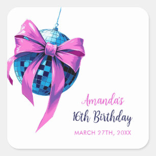 Waterverf Roze Bow Disco Ball Sweet 16 Verjaardag Vierkante Sticker
