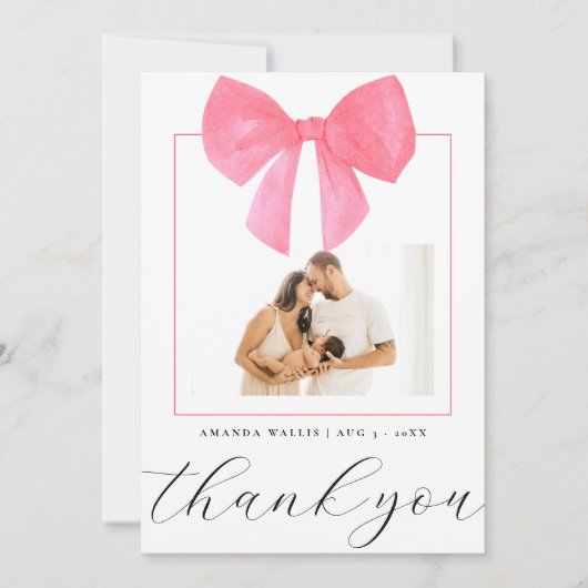 Waterverf Roze Bow Foto Baby shower Dank u (Voorkant)