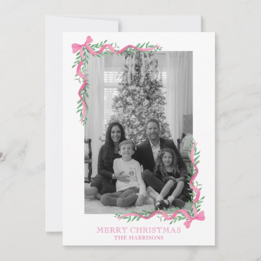 Waterverf Roze Bow Garland Foto Feestdagenkaart (Voorkant)