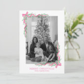 Waterverf Roze Bow Garland Foto Feestdagenkaart (Staand voorkant)