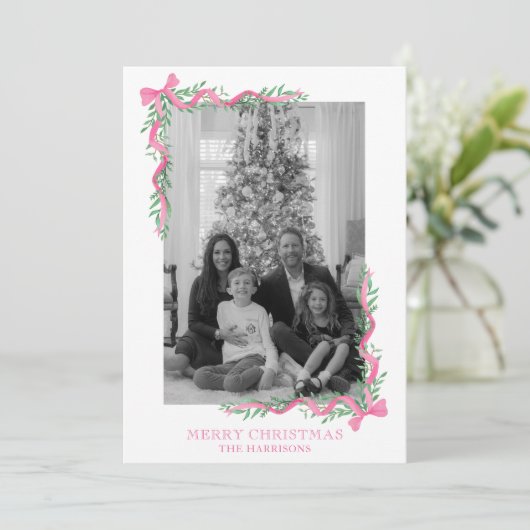 Waterverf Roze Bow Garland Foto Feestdagenkaart (Staand voorkant)