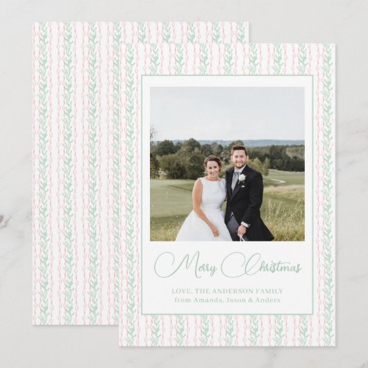 Waterverf Roze Bow Garland kerstfoto Feestdagenkaart (Voorkant / Achterkant)