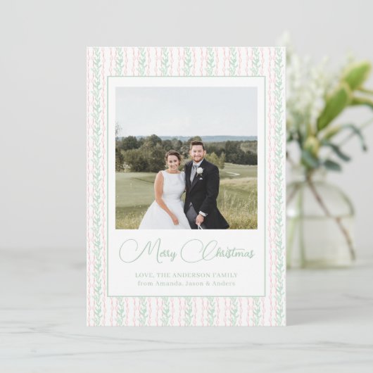 Waterverf Roze Bow Garland kerstfoto Feestdagenkaart (Staand voorkant)