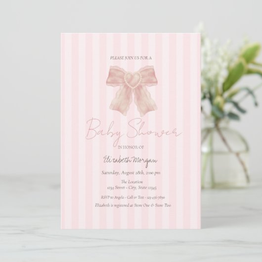Waterverf Roze Bow Gestreept Baby shower Kaart (Staand voorkant)