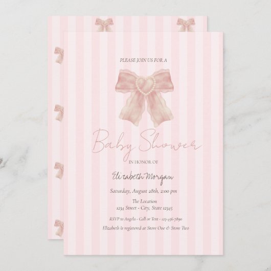 Waterverf Roze Bow Gestreept Baby shower Kaart (Voorkant / Achterkant)