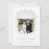 Waterverf Roze Bow Greenery kerstfoto Feestdagenkaart (Voorkant)