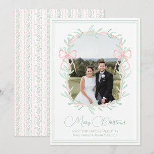 Waterverf Roze Bow Greenery kerstfoto Feestdagenkaart
