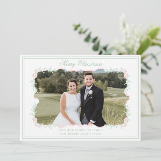 Waterverf Roze Bow Greenery kerstfoto Feestdagenkaart (Staand voorkant)
