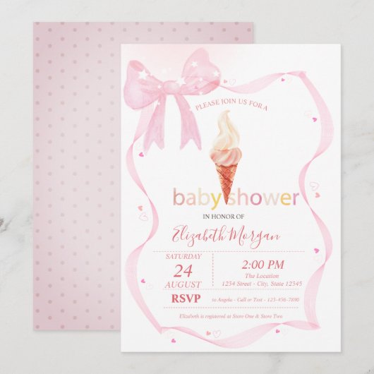 Waterverf Roze Bow Ice Cream Stippen Baby shower Kaart (Voorkant / Achterkant)