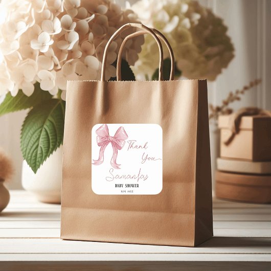 Waterverf Roze Bow Meisje Baby shower Dank u Vierkante Sticker