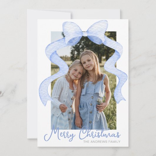 Waterverf Roze Bow Ribbon Sash Kerstfoto Feestdagenkaart (Voorkant)