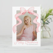 Waterverf Roze Bow Ribbon Sash Kerstfoto Feestdagenkaart (Staand voorkant)