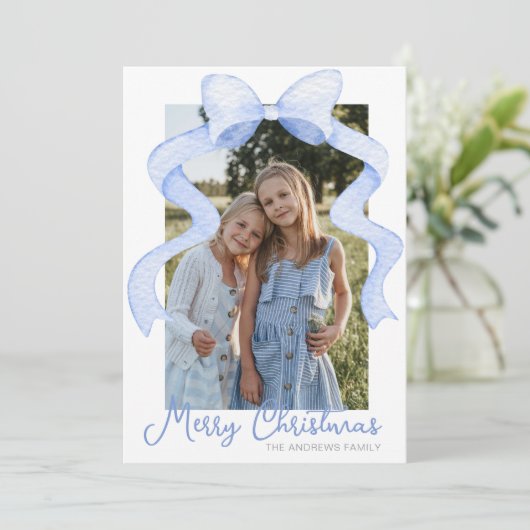 Waterverf Roze Bow Ribbon Sash Kerstfoto Feestdagenkaart (Staand voorkant)