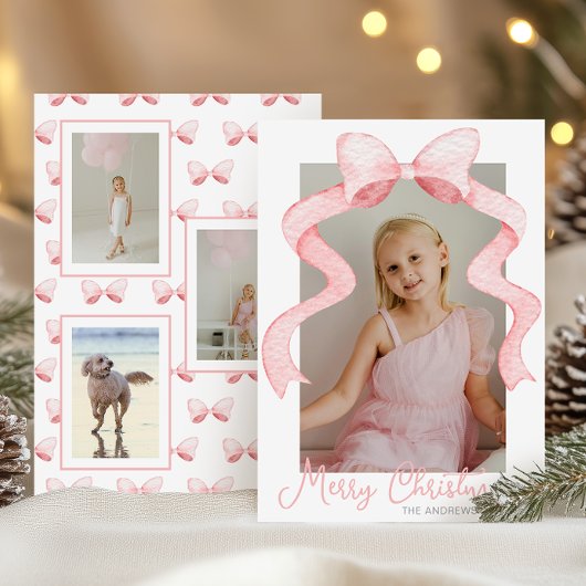 Waterverf Roze Bow Ribbon Sash Kerstfoto Feestdagenkaart