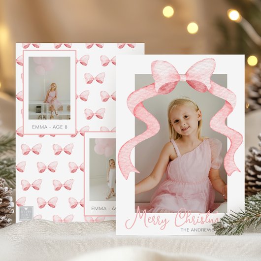 Waterverf Roze Bow Ribbon Sash Kerstfoto Feestdagenkaart