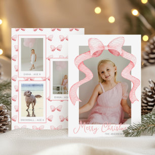 Waterverf Roze Bow Ribbon Sash Kerstfoto Feestdagenkaart
