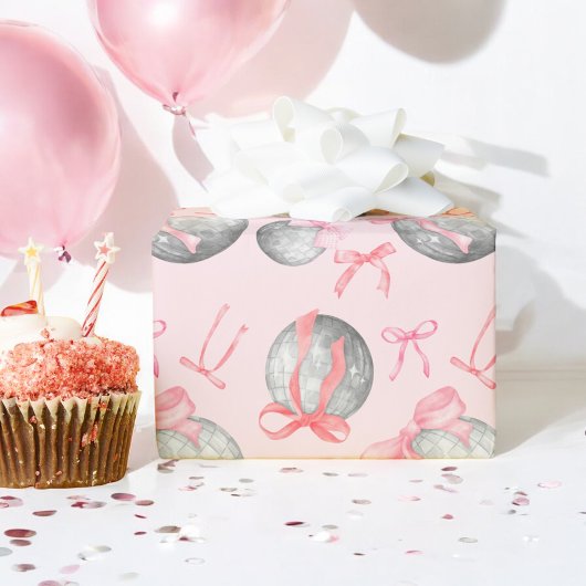 Waterverf Roze Bow Ribbon Zilveren Discobal Cadeaupapier