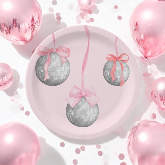 Waterverf Roze Bow Ribbon Zilveren Discobal Papieren Bordje