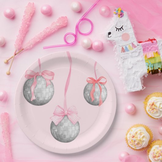 Waterverf Roze Bow Ribbon Zilveren Discobal Papieren Bordje (Feest)