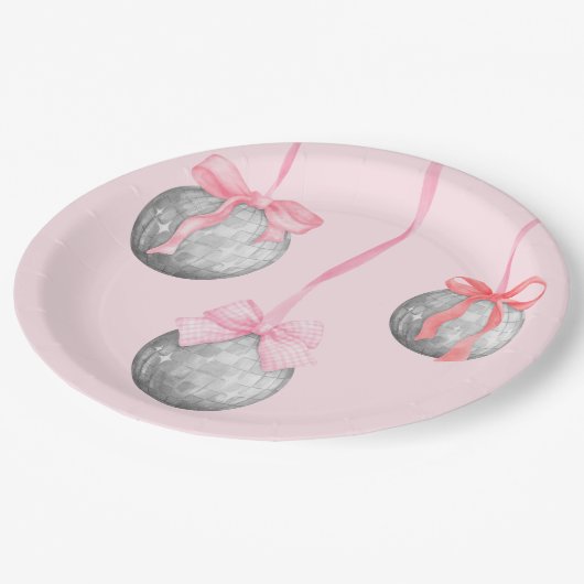 Waterverf Roze Bow Ribbon Zilveren Discobal Papieren Bordje (Gekanteld)