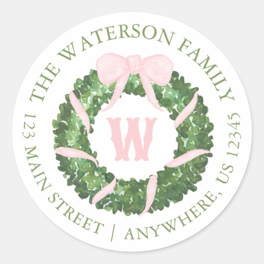 Waterverf Roze Bow Sash Christmas Krans Gift Ronde Sticker (Voorkant)