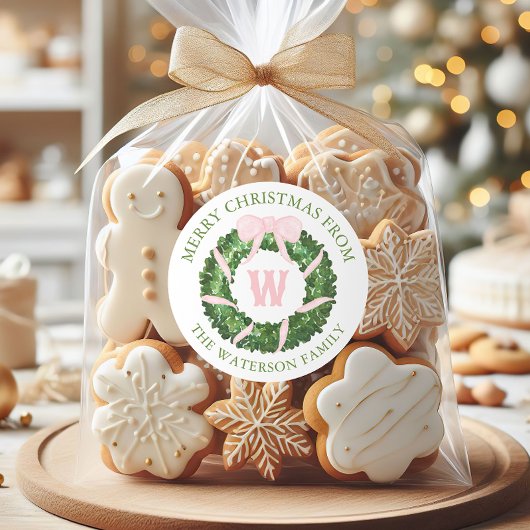 Waterverf Roze Bow Sash Christmas Krans Gift Ronde Sticker