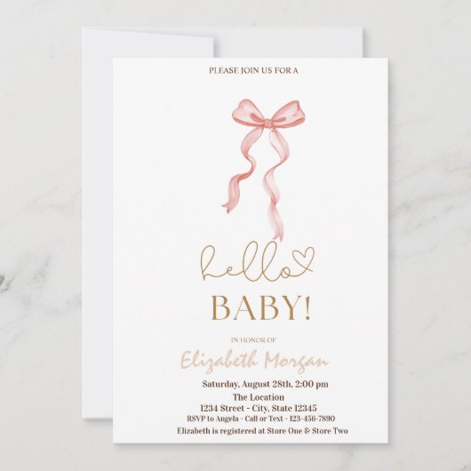 Waterverf Roze Bow Stippen Baby shower Kaart (Voorkant)