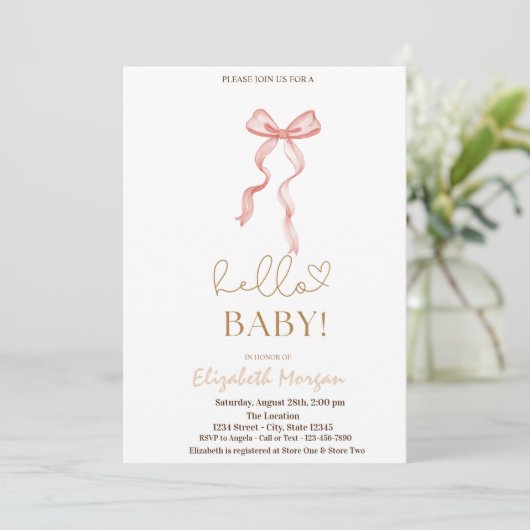 Waterverf Roze Bow Stippen Baby shower Kaart (Staand voorkant)