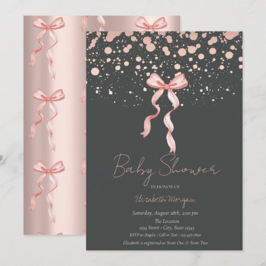 Waterverf Roze Bow Stippen Roos Goud Baby shower Kaart (Voorkant / Achterkant)
