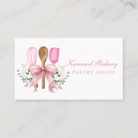 Waterverf Roze Bow Utensil Bakery Visitekaartje (Voorkant)