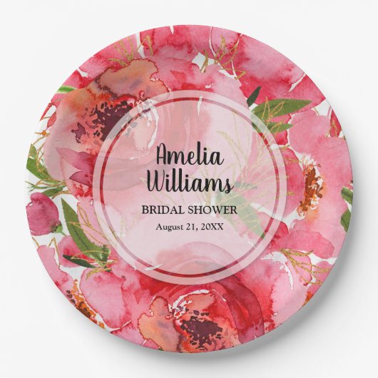 Waterverf Roze Bruilofts Bruidsshower Papieren Bordje (Voorkant)