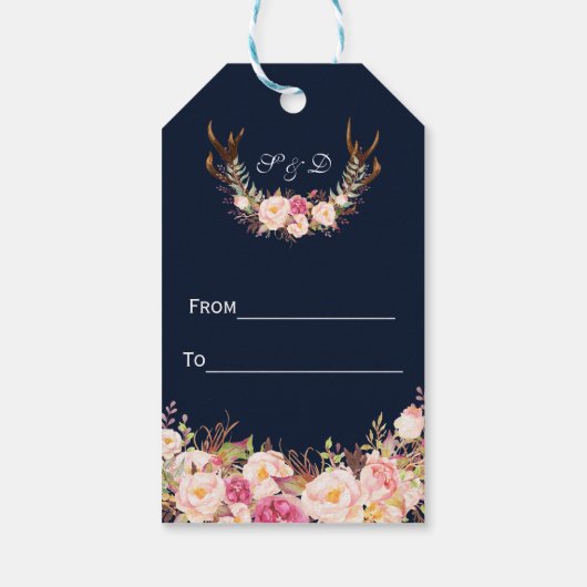 Waterverf Roze bruinse Floral Antlers marinevrouw Cadeaulabel (Achterkant)