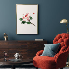 Waterverf Roze Camellia Flower hieroglyph Wealth Poster