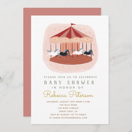 Waterverf roze Carrousel Baby shower Kaart (Voorkant / Achterkant)