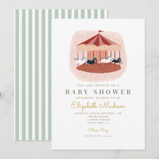 Waterverf roze Carrousel Baby shower Kaart (Voorkant / Achterkant)