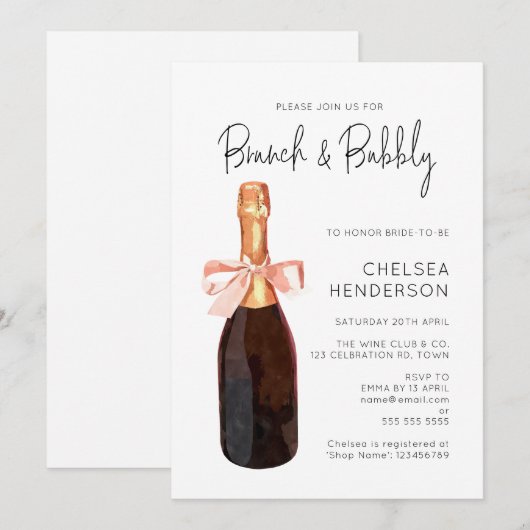 Waterverf Roze Champagne Brunch & Bubbly Shower Kaart (Voorkant / Achterkant)