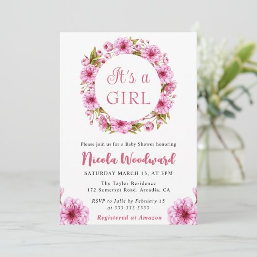 Waterverf Roze Cherry Blossom Wreath Baby shower Kaart (Staand voorkant)