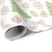 Waterverf Roze Chinoiserie Baubles Kerstboom Cadeaupapier (Rol Hoek)