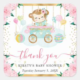 Waterverf Roze Circus Aap Bloemige Baby Shower Vierkante Sticker