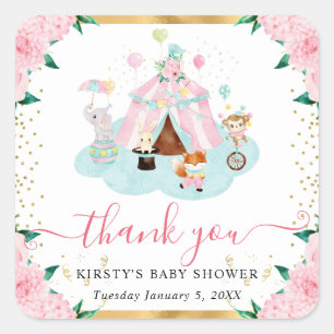 Waterverf Roze Circus Dieren Floral Baby shower Vierkante Sticker