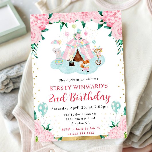 Waterverf Roze Circus Dieren Kinderen Verjaardag Kaart