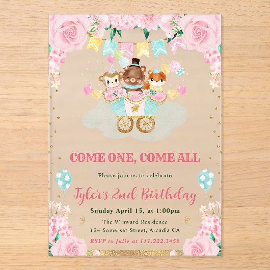 Waterverf Roze Circus Dieren Verjaardagsfeest Acryl Uitnodigingen (Voorkant)