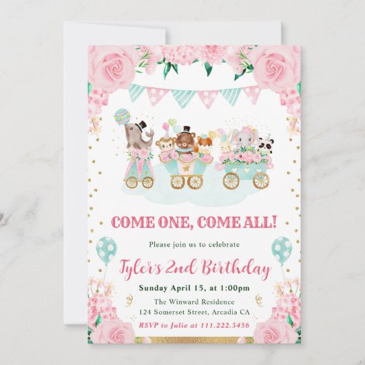 Waterverf Roze Circus Dieren Verjaardagsfeest Kaart (Voorkant)