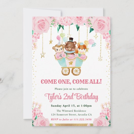 Waterverf Roze Circus Dieren Verjaardagsfeest Kaart (Voorkant)