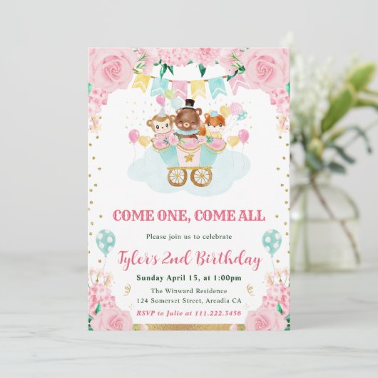 Waterverf Roze Circus Dieren Verjaardagsfeest Kaart (Staand voorkant)