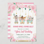 Waterverf Roze Circus Dieren Verjaardagsfeest Kaart (Voorkant / Achterkant)