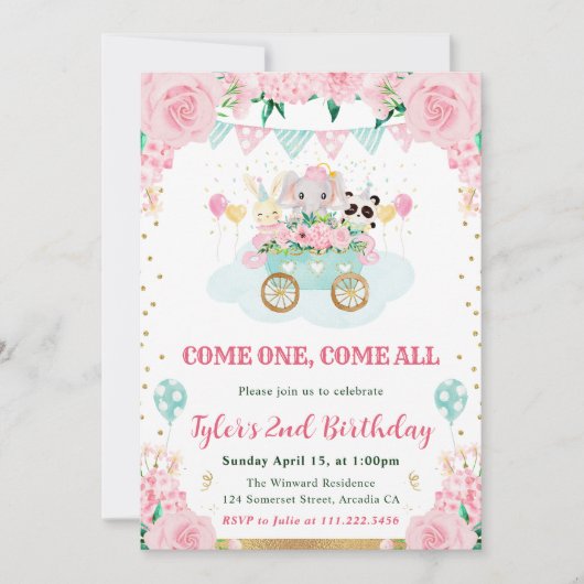 Waterverf Roze Circus Dieren Verjaardagsfeest Kaart (Voorkant)