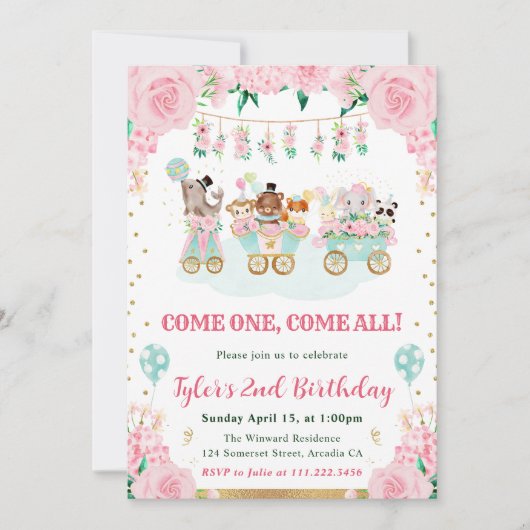 Waterverf Roze Circus Dieren Verjaardagsfeest Kaart (Voorkant)