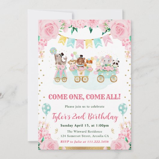 Waterverf Roze Circus Dieren Verjaardagsfeest Kaart (Voorkant)